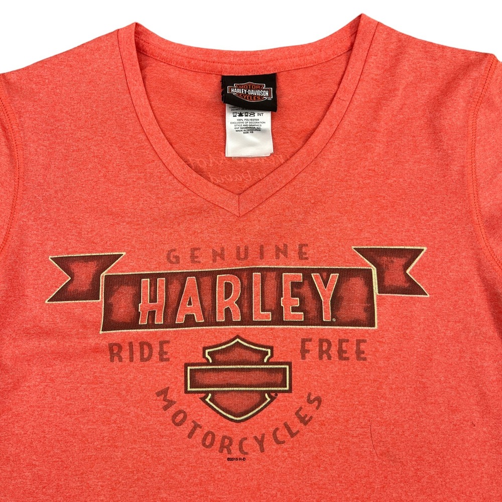 Harley-Davidson Top Womens XS V-Neck Short Sleeve Orange 2-Sided Logo